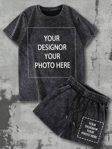 Women's Fashion Custom Patterned Prints, Customizable Text, Personalized Back With Custom Photos/Designs, Retro Distressed Washed Finish T-Shirt And Shorts Sets, Women's Street Style Casual Fashion Sets. - Black - View 2