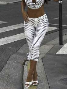 Women Polka Dot Capri Pants Elastic Waist Stretchy Slim Fit Cropped Leggings Side Tie Up Going Out Pants Spring Summer Daily Casual Pants Y2K Retro Versatile Style Polka Dots Pants Party Club Streetwear Rave Outfit,Concert Outfit,Valentines Clothes,Beach Vacation Outfits - 白色 - 查看 5
