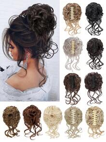 凌乱发髻假发片，夹式凌乱发髻接发，卷发假发片，适合日常佩戴和婚礼场合（深棕色至黑色）