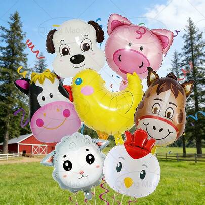 Qi Jing Mao Yi Farm Animal Balloon Party Decoration Set - Includes Cow, Pig, Chick, And Sheep Shapes, With Curly Ribbons, Multi-Color Mix And Match - Suitable For Children's Birthdays And Themed Celebrations, Cowboy Party Decorations, Halloween Decorations, Christmas Decorations, Holiday Decorations, Fun Decorations, Bright Colors, Durable Balloons, Family Party Decorations
