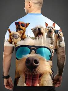 Adorable Fashion Style: Colorful Dog Sunglasses Print 3D Printed T-Shirt, Casual Short Sleeve, Comfortable Summer Short Sleeve Top, Polyester Knit Fabric, Short Sleeve, Suitable For Daily And Weekend Casual Wear - 混合色 - 查看 3