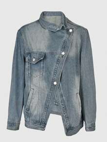 Women's  Oversized Denim Jacket: Metal Asymmetrical Buttons & Stand Collar - Ideal For Daily, Commute, Travel & Outings - Màu xanh lam - Xem 6