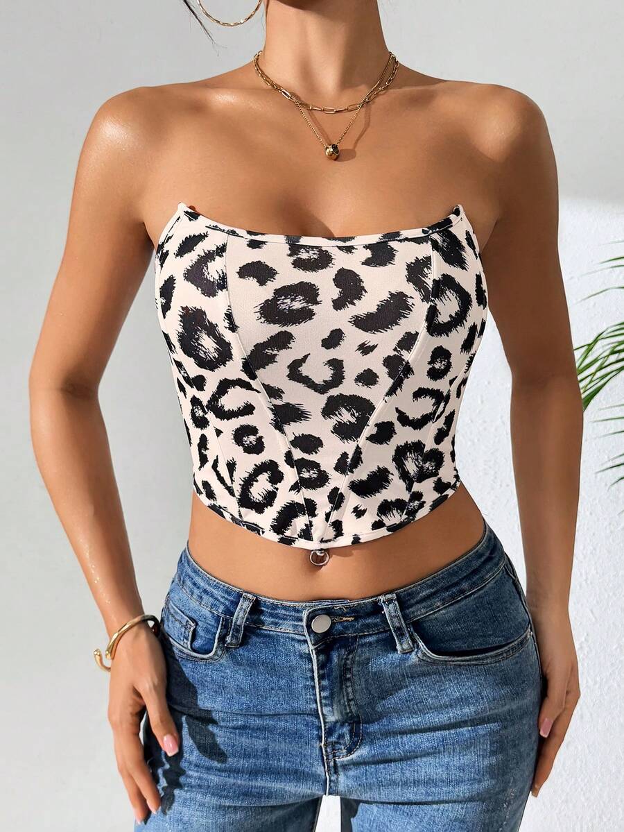 豹纹无肩带短款上衣 - 性感西部风假日派对装扮 - 黑與白 - 查看 1