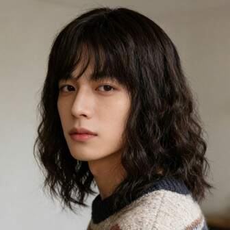 22 tums svart peruk, trendig koreansk stil för män med luftlugg, lockigt ull, mellanlångt hår, full peruk, lämplig för dagligt bruk