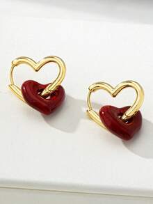 1 Pair Contrast Color Double Heart Pendant Earrings, Red Festive Enamel Luxurious Fashion Earrings, Suitable For Women Party, Valentine's Day Gift - Red - View 4