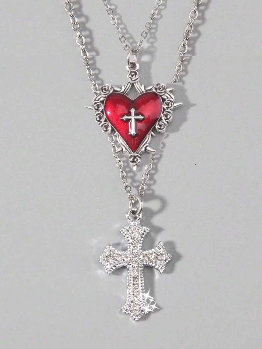 2件套复古哥特玫瑰花十字心形项链，个性化韩式酷炫银十字雕刻项链，女士毛衣链 - 彩色 - 查看 1