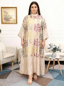 Plus Size Colorful Embroidered Arabic Style Elegant Long Sleeve Dress, Modest Fashion, 2026 New Style Ramadan Traditional - Apricot - View 5