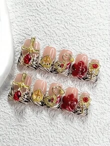 10 Peças Adesivos de Unhas Estilo Palácio Requintado, Varinha Dourada com Strass Vermelho Cintilante, Floral de 5 Pétalas Vermelhas Pintadas à Mão, Coração Entalhado em Rosa, Decoração de Unhas em Cruz Dourada, Arte de Unhas com Listras Pontilhadas Pretas, Esmalte Branco, Inclui Ferramentas de Unhas (1 Adesivo de Gelatina + 1 Lixa de Unhas), 3 Opções de Tamanho - Multicolorido - Visão 16