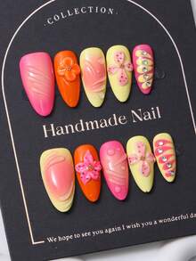 10片/套 手工杏仁形美甲贴纸，Y2K黄色风格，3D手工雕刻图案，手绘渐变波点印花，饰以钢珠和水钻，用于美甲装饰。包含1片果冻胶和1把指甲锉。非常适合日常使用，也适合科切拉音乐节等场合的造型，是美甲贴片和美甲护理产品的理想之选。美甲用品 手工美甲贴片 - 黃色 - 查看 3