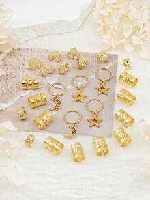 25 piezas Accesorios de joyería para el cabello con estilo sencillo de estrellas, luna y flor de ciruelo para mujeres y niñas (festivales musicales/vacaciones), pinzas de garra, pasadores de cabello, hebillas de cabello - Dorado - Ver 4