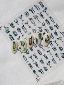 A Wine Glass Cocktail Main Picture Nail Sticker, Embossed Texture, Black And White Hand Drawn Style, With High Footed Cup, Cocktail Glass, Cocktail Shaker, Cold Drink Cup And Other Wine Utensil Patterns, Suitable For Personal DIY And Creating A Casual And Simple Style Nail Art Nails - Black - View 6