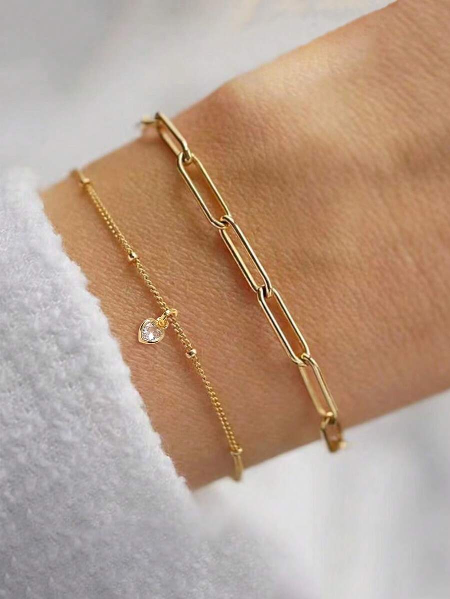 Nooxian 2pcs/Set Elegant Casual Paperclip Chain & Heart Pendant Bracelet Set For Women (Quantity Of Chain & Clasp Varies) - Yellow Gold - View 1