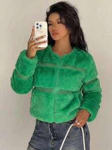 Women Faux Fur Coats - Green - View 2
