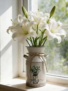 19cm High X 13cm Wide Silver Gray Milk Pitcher Shaped Vase. The Vase Body Is Printed With A Fresh Plant Pattern, Suitable For Vibrant Flowers Like Purple Bougainvillea. Weight: 0.16kg. - Light Grey - View 7