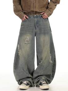 1 pieza Pantalones vaqueros con pernera de barril con efecto desgastado y patchwork vintage, pantalones vaqueros de estilo holgado y casual de estilo hip hop para hombres - Azul - Ver 5