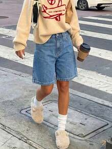 Wommer Summer Casual Knee Length Wide Leg Baggy Bermuda Denim Jeans Vacation Beach Country Concert Outfit - Medium Wash - View 3