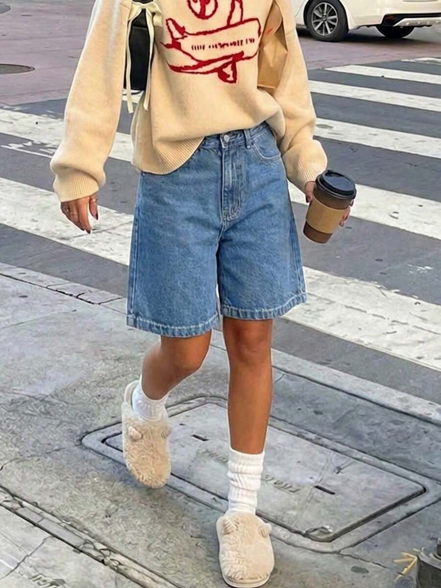 Wommer Summer Casual Knee Length Wide Leg Baggy Bermuda Denim Jeans Vacation Beach Country Concert Outfit - Medium Wash - View 1