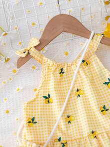 BASUSARRI 女童碎花拼接吊带公主裙配同款迷你包，可爱简约度假风 - 黃色 - 查看 8