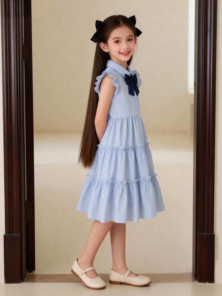 Girls Striped Dress, Big Girls Puff Sleeve Turndown Collar Mid-Length Dress, Navy Blue Bow Tie, Holiday Outfit, Summer Clothing, Travel Wear - Blue - View 1