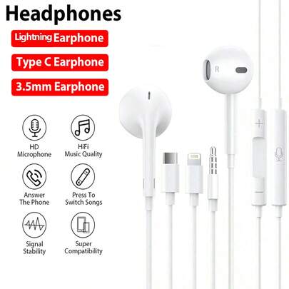 1副Type-C/Lightning/3.5mm有线耳机，带降噪、麦克风和音量控制，兼容/Android/Pixel及其他音频录制设备