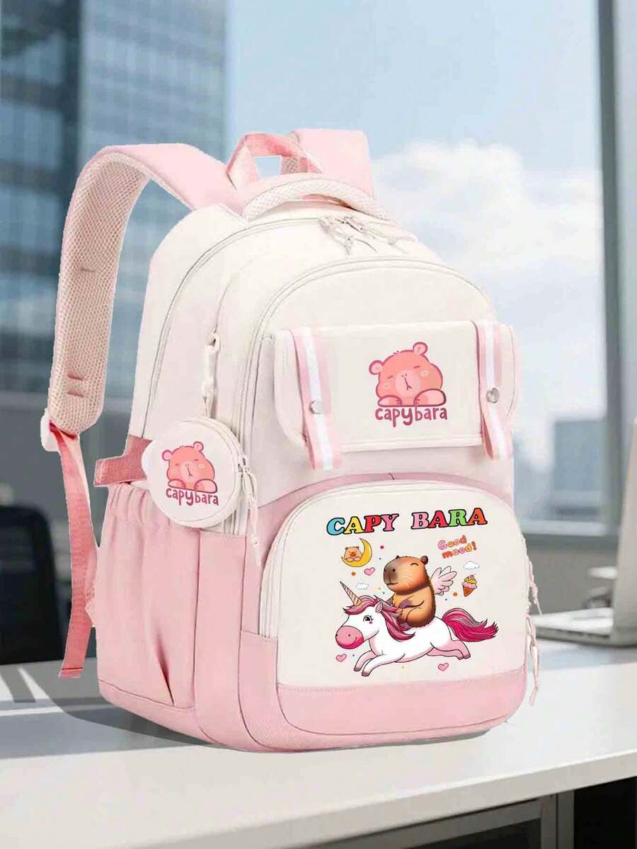 Capybara Cute Design Canvas Backpack, Breathable And Lightweight Fashionable Campus Student Bag, Travel Backpack With Ergonomic Design, Shoulder Bag, Large-Capacity Multi-Layer Pencil Case, Back To School Supplie Essentials Office Supplies Valentine's Day Gifts School Bag Bookbag