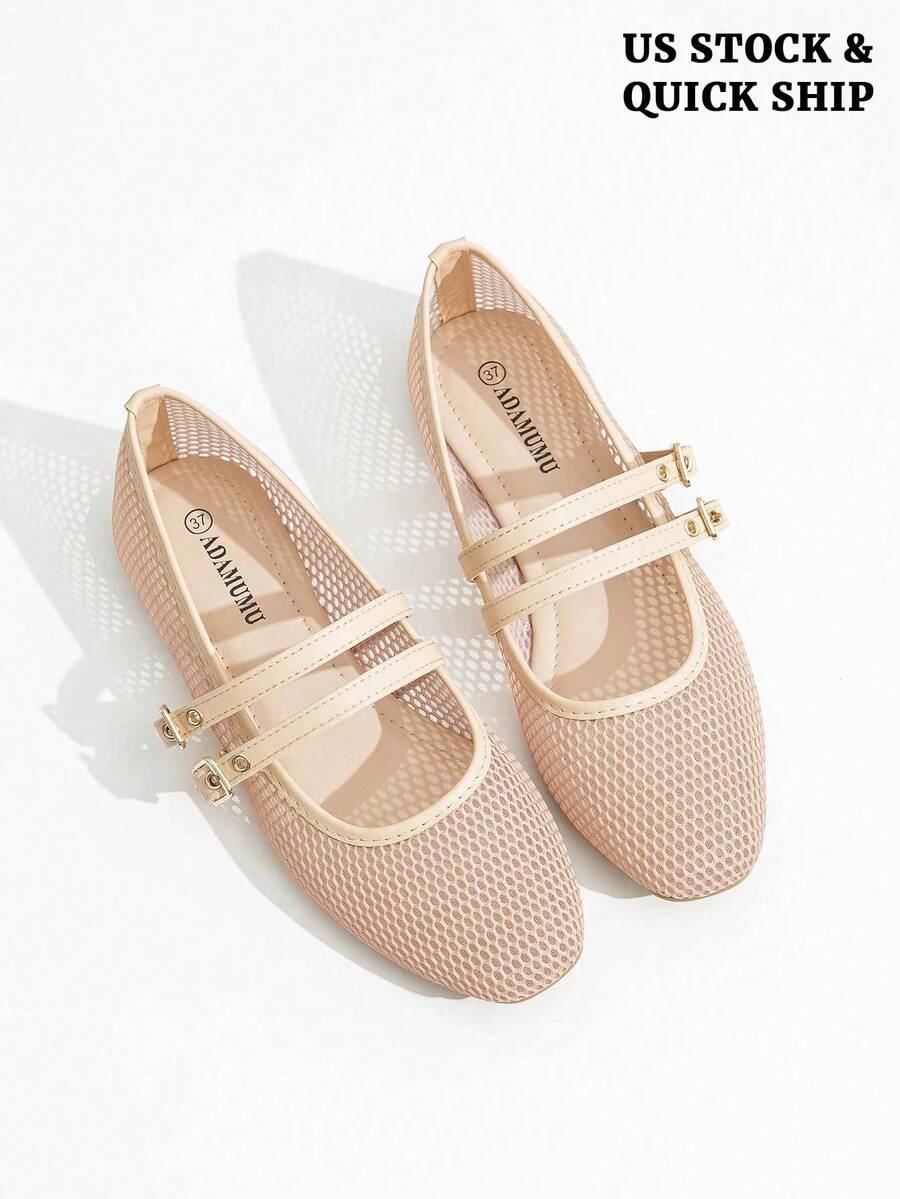 ADAMUMU Print Mesh Breathable Women's Flat Sandals, Mary Jane Ballet Flats, Lightweight & Comfortable Square Toe Hollow-Out Casual Slip-On Shoes - Màu be - Xem 1