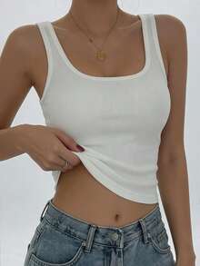 Women's Summer Solid Square Neck Ribbed Casual Versatile White Tank Top - White - View 3