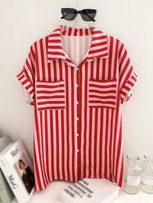 波西米亚风粉色女装，休闲条纹图案衬衫，带领，口袋短袖衬衫，宽松纽扣开衫，优雅浪漫时尚，宽松下摆上衣，新款女士开衫衬衫 - 彩色 - 查看 8