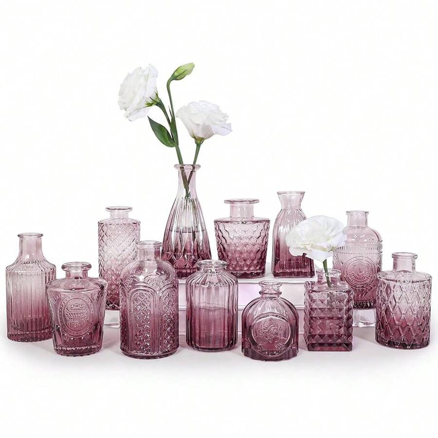 12pcs Glass Bud Vase Set, Small Purple Flower Vases For Centerpieces In Bulk, Mini Vintage Vase For Wedding, Home,Table Decoration,12Pcs,Purple - 紫色 - 查看 1