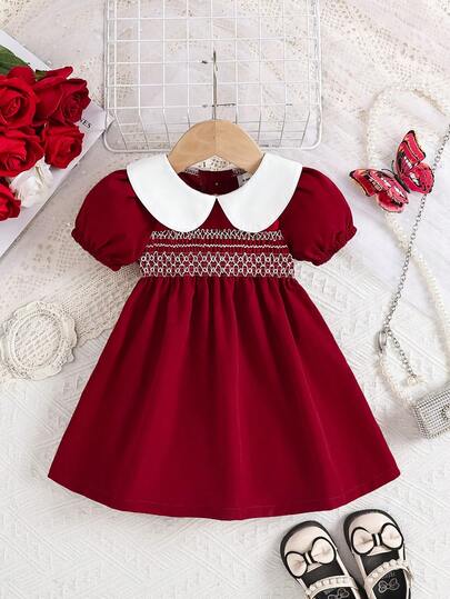 Girls' Red Patchwork Peter Pan Collar Dress, Fashionable Vintage Summer Style