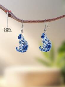 1 Đôi bông tai mặt dây chuyền hình mèo sứ xanh trắng thanh lịch, làm từ chất liệu acrylic, kiểu dáng tối giản dành cho nữ, phù hợp để đeo hàng ngày và trong các dịp lễ. - Màu xanh lam - Xem 2