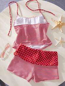 Women's Swimsuit Camisole/Red Polka Dot Striped Retro Print Women's Crop Top Spaghetti Strap Bra-Style Camisole - Red - View 7