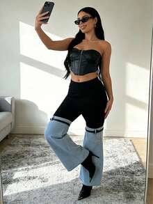 Y2K Streetwear Patchwork Wide Leg Pants For Women High Waist Stretch Black Top With Washed Denim Flared Bottom And Decorative Belt Straps - Light Blue - 查看 10