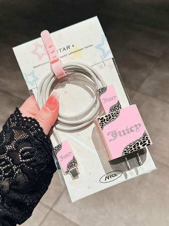 Glitter Leopard Print Text Design Charger & Data Cable Protector Case, Compatible With 20W Apple Charger, Minimalist Apple Charger Protective Cover, Fits 20W Phone 15/16 Pro Max Charging Cable Protector, Scratch-Resistant, Bite-Resistant, Suitable For 13/14 Plus As Halloween, Christmas, Valentine's Day Gifts For Boyfriend/Girlfriend, 17/17 PROMAX/AIR