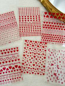 6pcs 3D Red Heart Nail Art Stickers, Cute Heart Nail Decals, Red Heart Valentine's Day Self-Adhesive Heart Nail Stickers - Red - View 3