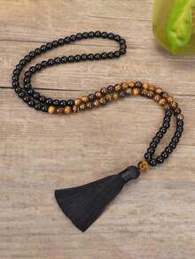 Mala 108 Beads Necklace 8mm Black Onyx Tiger Eye Protection Tassel Long Necklace Bohemian Style Meditation Prayer Rosary Jewelry For Women Men - Multicolor - View 6