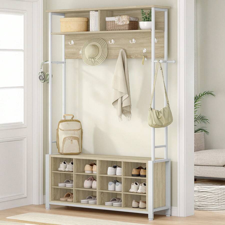 Coat Rack With Shoe Storage, Hall Tree With Bench For Hallway, 14 Open Compartments, Coat Stand With Adjustable Shelves, 13 Hooks, Top Storage For Living Room, Entrence - 白橡木色 - 查看 1