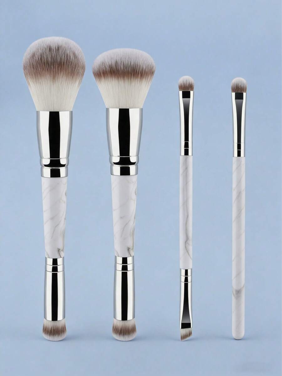 4-Piece Gray Double-Headed Makeup Brush Set, Professional Blush Concealer Eye Shadow Kabuki Foundation Brush Set, With Travel Bag, Soft Artificial Bristles. - Multicolor - View 1