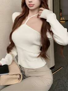 秋冬甜美简约杏色女士毛衣及无肩带针织短款外套两件套，适合外出、约会、下午茶等场合。 - 杏色 - 查看 4