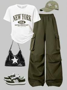 Tween Girl Letter Print Short Sleeve Top And Pants Set - Army Green - View 1