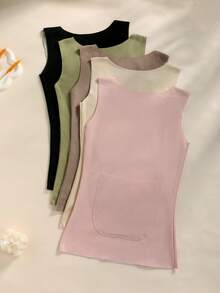 5Pcs Warm Fleece Lined Seamless Thermal Vests, Dual Front Back Pockets, Soft Slim Fit Inner Undergarment For Fall Winter Daily Wear - Multicolor - View 6