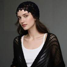 Handmade Crochet Beanie Sun Summer Hat Skull Cap For Women Lace Beach Hat Lightweight,Bead-Black - 黑珠 - 查看 2