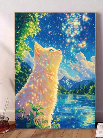 5D Diamond Painting Kit, Cartoon Cute Beautiful Cat Starry Night Landscape Anime, 5D Round Diamond Painting Full Artificial Rhinestone Mosaic Painting Kit, Painting Supplies For Beginners, Handmade DIY Diamond Painting Gemstone Art Home Wall Decor Gift