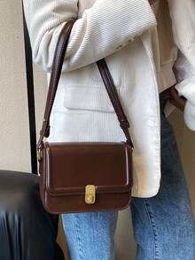 1pc Fashionable Solid Color Trim Minimalist Shoulder Square Bag - Coffee Brown - View 5
