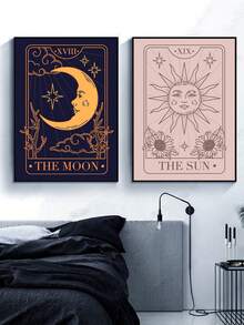 两套复古抽象太阳和月亮艺术画，客厅和卧室装饰，无框，墙壁艺术，帆布，海报礼物生日毕业 - 彩色 - 查看 10