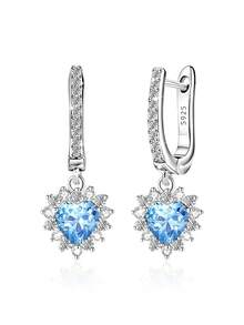 925纯银镶嵌立方氧化锆心形吊坠耳环，低过敏性，优雅女士耳环，日常佩戴，生日礼物 - 銀色 - 查看 1