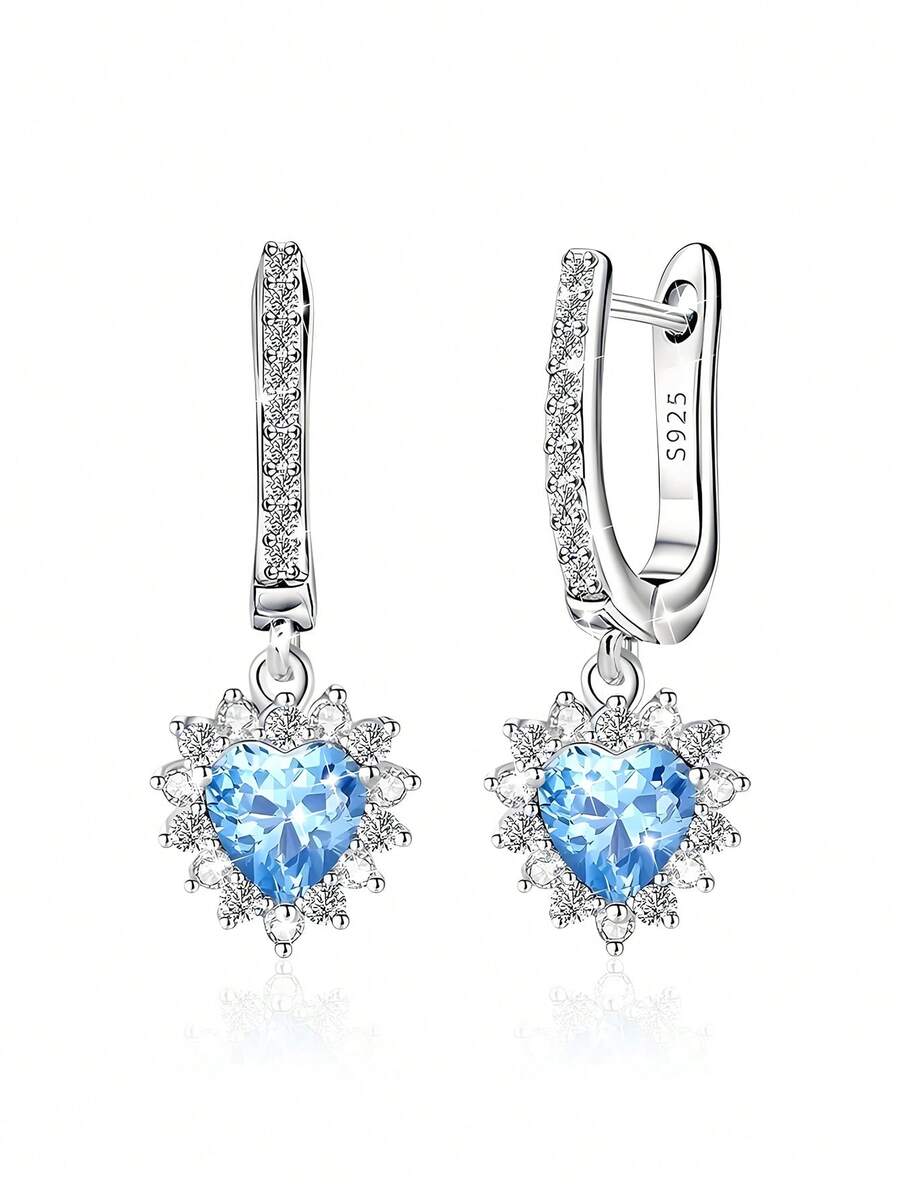 925纯银镶嵌立方氧化锆心形吊坠耳环，低过敏性，优雅女士耳环，日常佩戴，生日礼物 - 銀色 - 查看 1