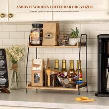 Countertop Coffee Station Organizer, 2 Tier Wooden Shelf For Coffee Bar Accessories, Condiment Storage Caddy For Kitchen, Home, Office,Coffee Bar Accessories,Coffee Bar - Brown/Black - 棕色 - 查看 3