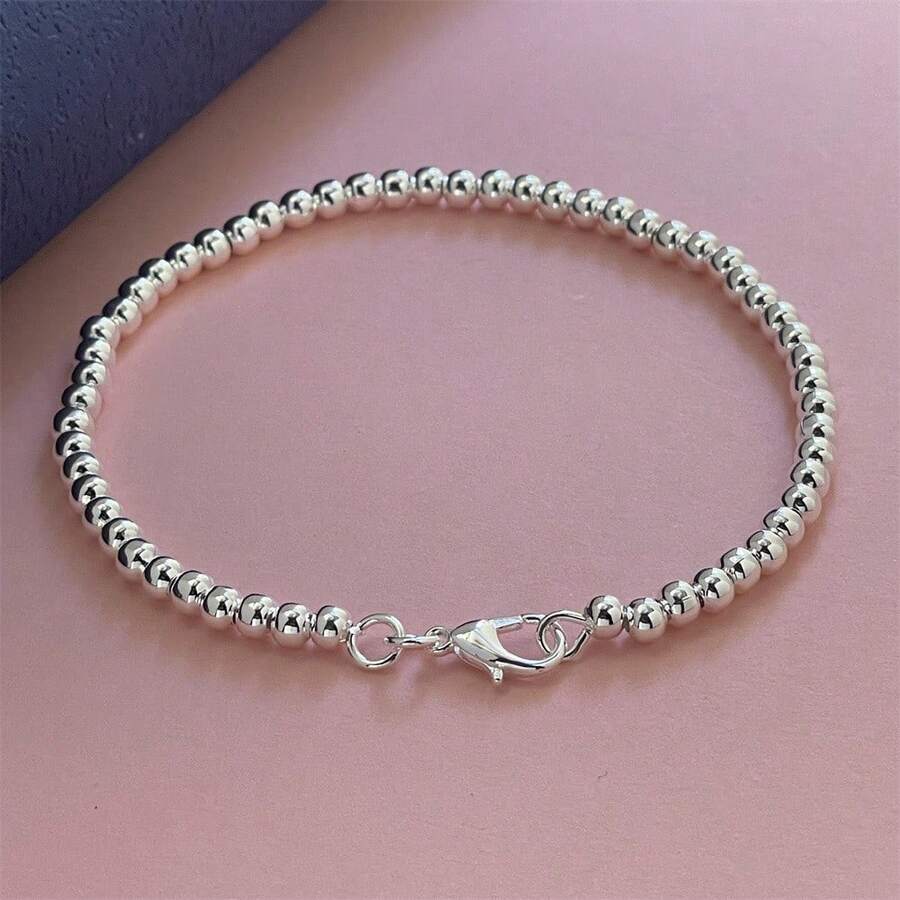 Elegant 925 Sterling Silver Plated Bracelet With Delicate 4/6mm Beads - A Stylish Accessory For Weddings And Parties. - 4 mm 銀色手鍊 - 查看 1