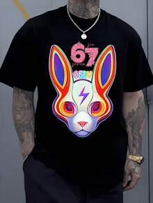 Multicolored Rabbit Head With Vibrant Ears, Hypnotic Eyes, And A Lightning Bolt On Its Forehead Conveying Youthful Energy, Featuring The Number 67 And The Word "Men's T-Shirt," 220g, 100% Cotton - 黑色 - 查看 8